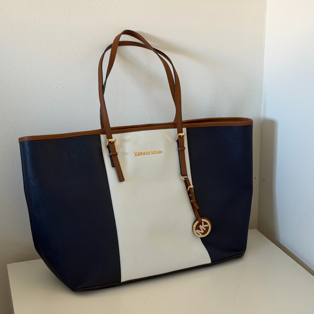 Michael Kors Jet Set Navy and Cream with Brown Accents
